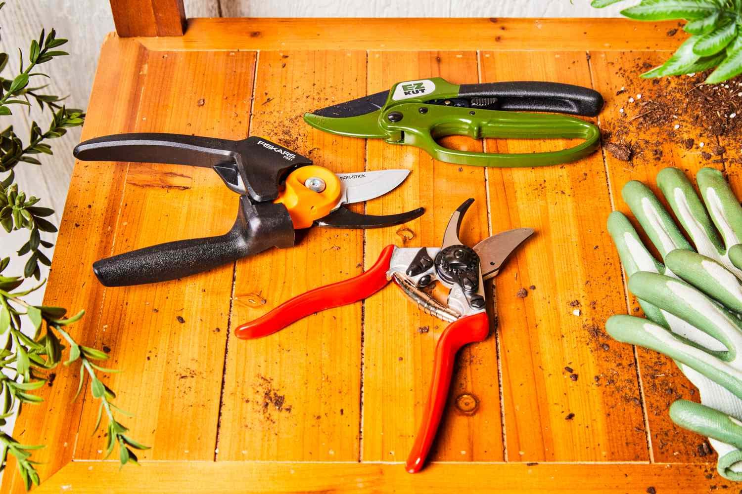 Sécateurs professionnels posés sur une table en bois